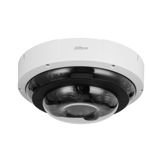 Witte Dahua 20MP multi-sensor dome camera met vier lenzen en robuuste IP67 IK10 behuizing voor 360 graden bewaking.