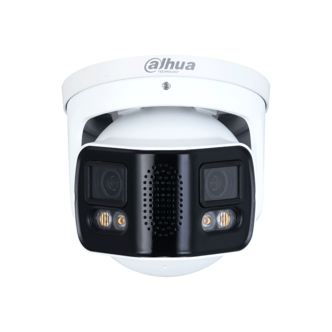 Witte Dahua 8MP WizMind panorama dome camera met dubbele lens, full-color nachtzicht en tweeweg audio.