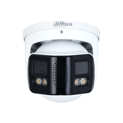 Witte Dahua 8MP WizMind panorama dome camera met dubbele lens, full-color nachtzicht en tweeweg audio.