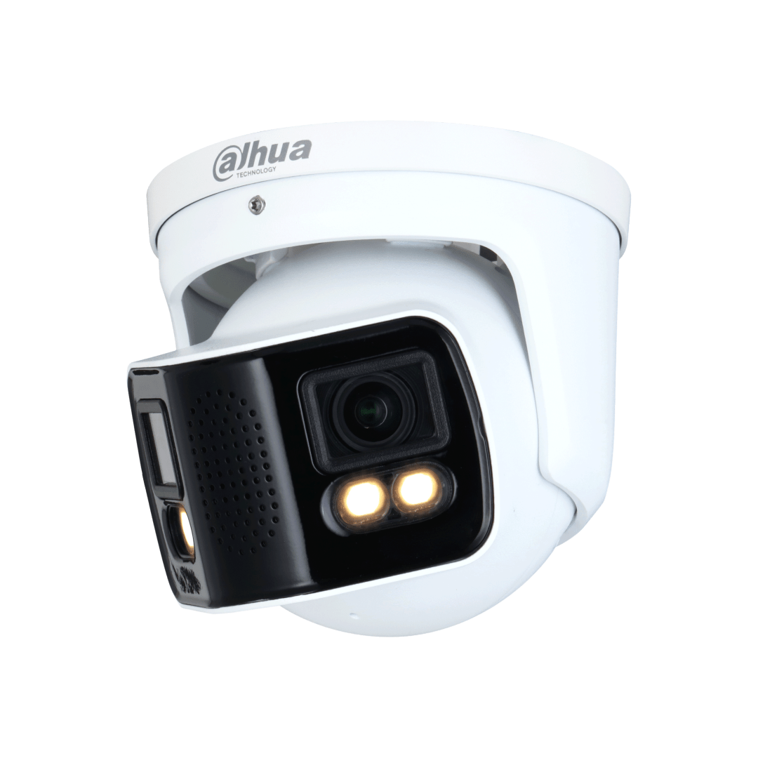 Witte Dahua 8MP WizMind panorama dome camera met 180° lens, ingebouwde verlichting en tweeweg audio.
