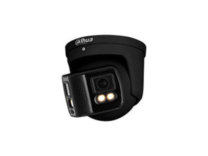 Zwarte Dahua 8MP WizMind panorama dome camera met 180° lens, full-color nachtzicht en ingebouwde verlichting.