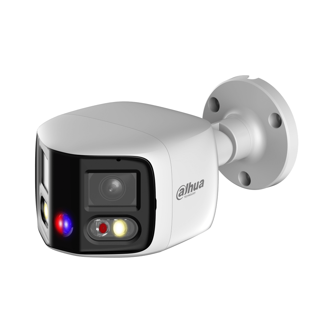 Witte Dahua 6MP panoramische bullet camera met Smart Dual Light en rood-blauw alarmlicht op een muurbeugel.