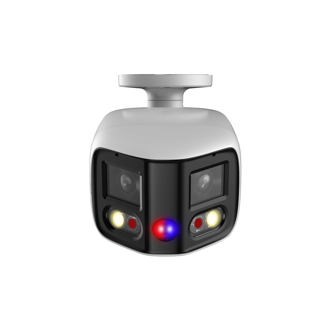 Witte Dahua 6MP panoramische bullet camera met dubbele lens, Smart Dual Light en rood-blauw alarmlicht.