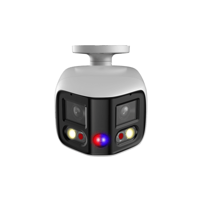 Witte Dahua 6MP panoramische bullet camera met dubbele lens, Smart Dual Light en rood-blauw alarmlicht.