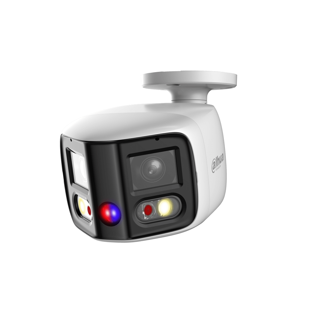 Witte Dahua 8MP panorama bullet camera met 180° lens, Smart Dual Light en rood-blauw alarmlicht voor buiten.