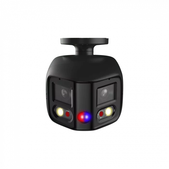 Zwarte Dahua 8MP panorama bullet camera met 180 graden lens, Smart Dual Light en rood-blauw waarschuwingslicht.