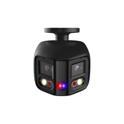 Zwarte Dahua 8MP panorama bullet camera met 180 graden lens, Smart Dual Light en rood-blauw waarschuwingslicht.