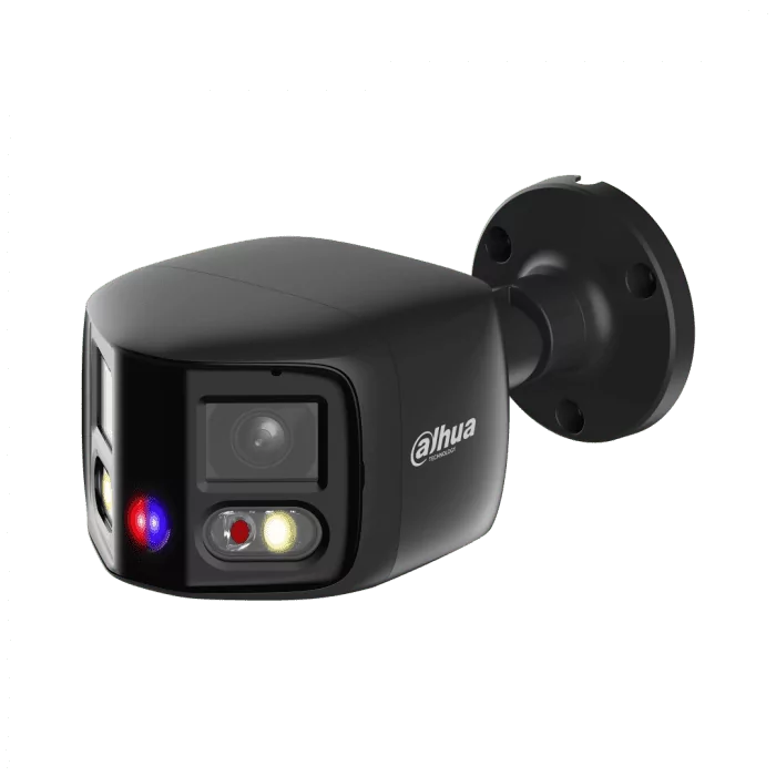 Zwarte Dahua 8MP panorama bullet camera met 180° lens, Smart Dual Light en rood-blauw waarschuwingslicht.