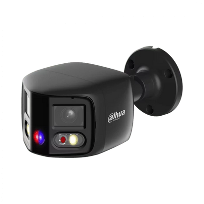 Zwarte Dahua 8MP panorama bullet camera met 180° lens, Smart Dual Light en rood-blauw waarschuwingslicht.