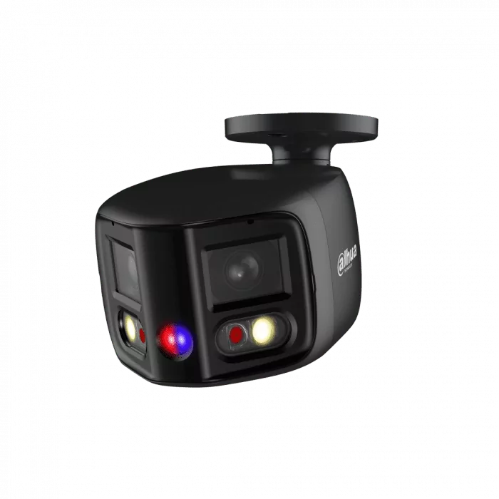 Zwarte Dahua 8MP panorama bullet camera met 180° lens, Smart Dual Light en rood-blauw alarmlicht.