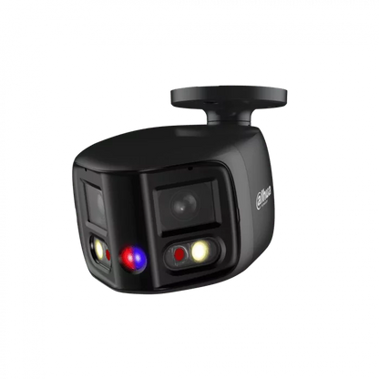 Zwarte Dahua 8MP panorama bullet camera met 180° lens, Smart Dual Light en rood-blauw alarmlicht.