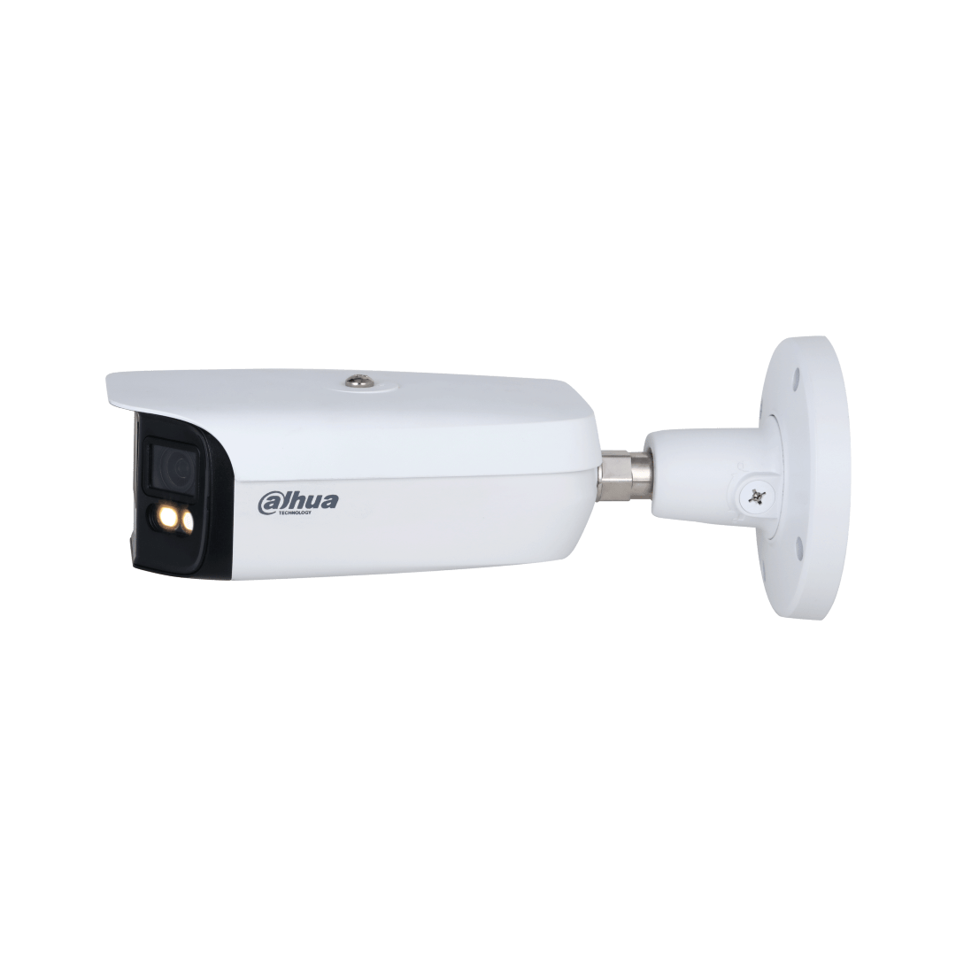 Witte Dahua 8MP WizMind panorama bullet camera met 180° lens en ingebouwde verlichting voor full-color nachtzicht.