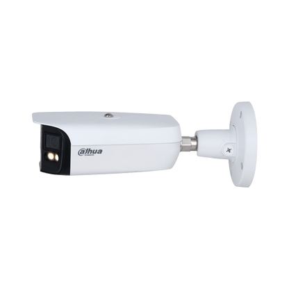 Witte Dahua 8MP WizMind panorama bullet camera met 180° lens en ingebouwde verlichting voor full-color nachtzicht.