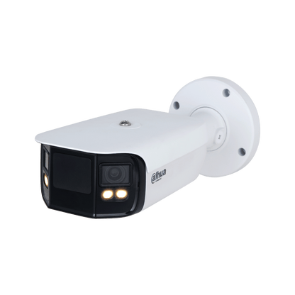 Witte Dahua 8MP WizMind panorama bullet camera met 180° lens en ingebouwde full-color nachtzicht verlichting.