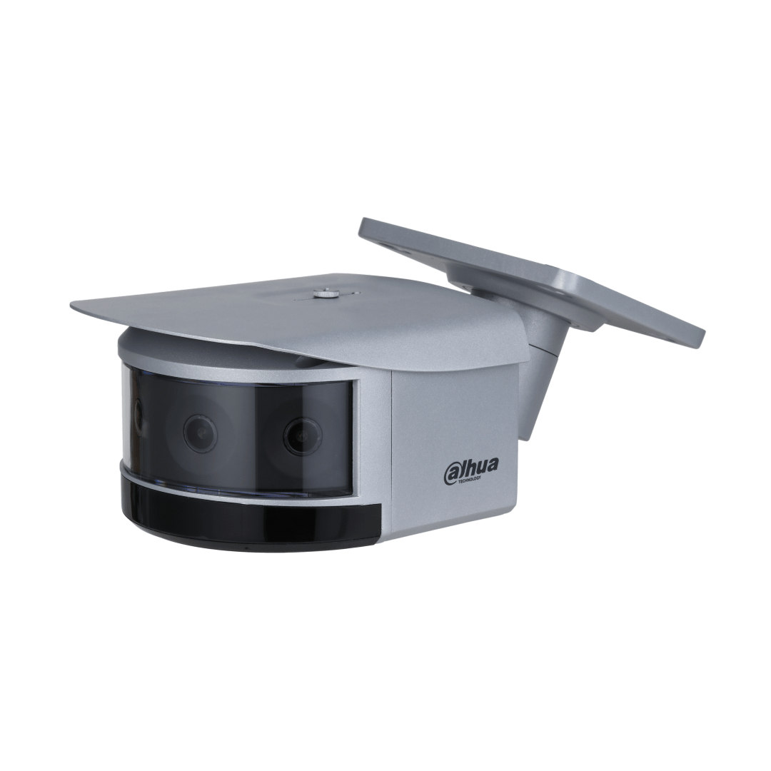Dahua 16MP quad-lens panorama bullet camera in zilverkleurige metalen behuizing met 180° kijkhoek en zonnekap.