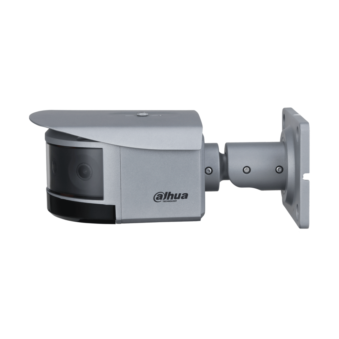 Dahua 16MP quad-lens panorama bullet camera in grijze metalen behuizing met 180° gezichtsveld en muurbeugel.