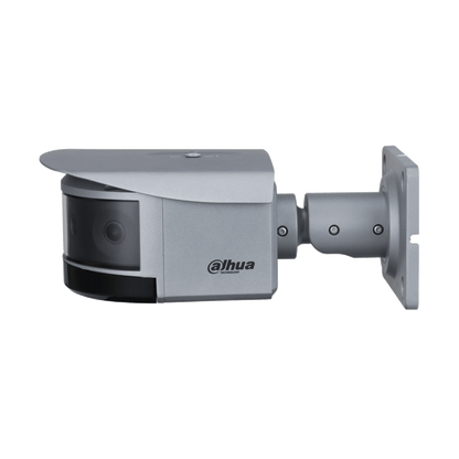 Dahua 16MP quad-lens panorama bullet camera in grijze metalen behuizing met 180° gezichtsveld en muurbeugel.