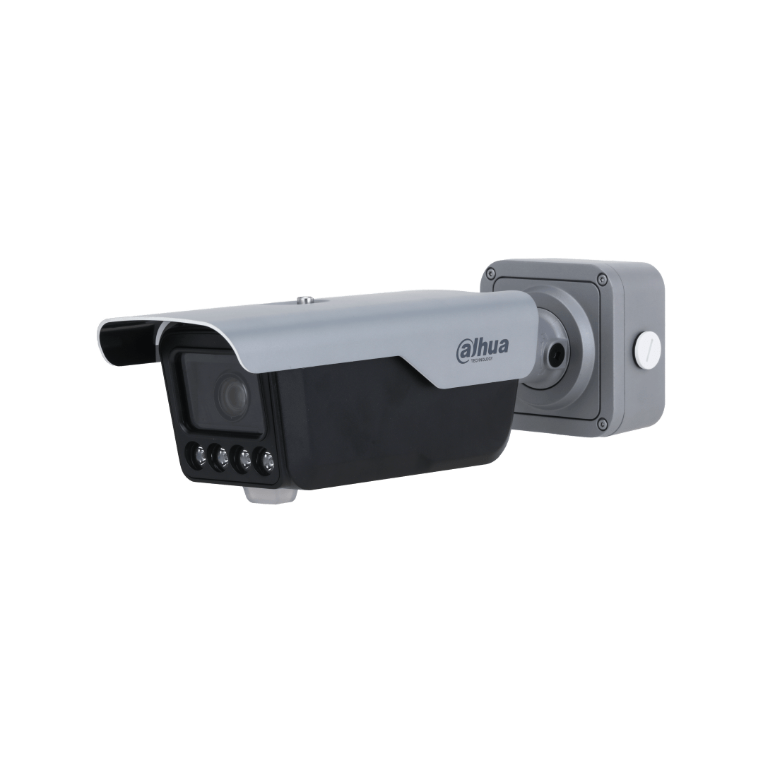 Dahua 4MP Smart ANPR camera in grijs en zwart met vari-focal lens, IR-verlichting en robuuste behuizing.