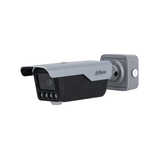Dahua 4MP Smart ANPR camera in grijs en zwart met vari-focal lens, IR-verlichting en robuuste behuizing.