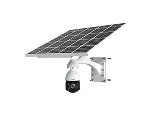 Witte Dahua PTZ-camera met zonnepaneel en muurbeugel voor draadloze 4G-bewaking op afgelegen locaties.