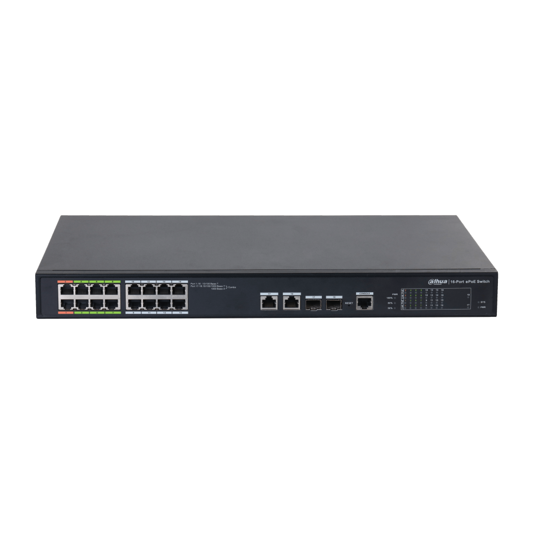 Zwarte Dahua 16-poorts managed ePoE switch voor rack-montage met 240W PoE-budget en status-LED's aan de voorzijde.