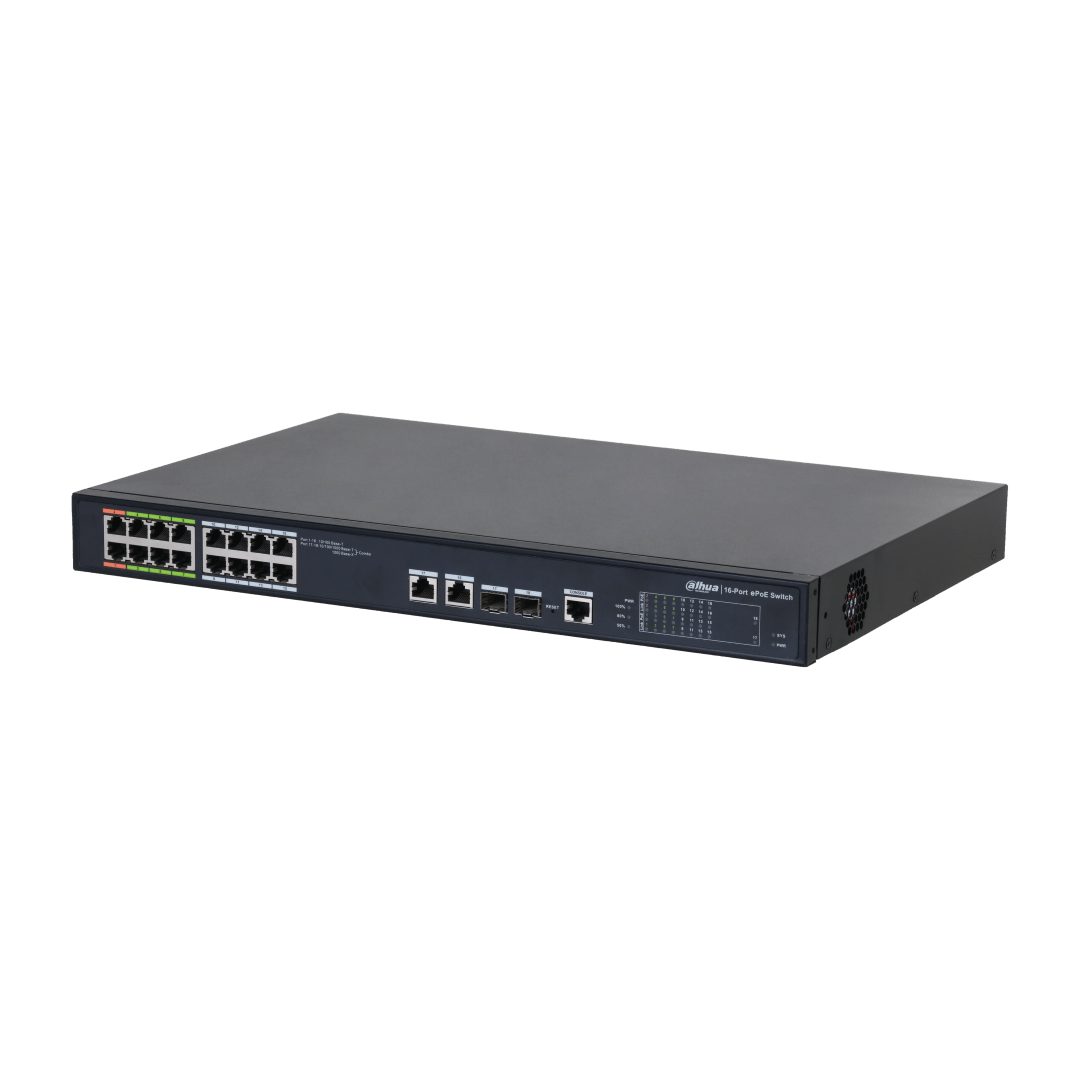 Zwarte Dahua 16-poorts managed ePoE switch voor rack-montage met 240W PoE-budget en status-LED's.