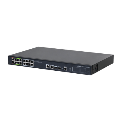 Zwarte Dahua 16-poorts managed ePoE switch voor rack-montage met 240W PoE-budget en status-LED's.