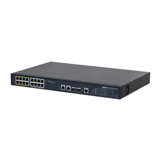 Zwarte Dahua 16-poorts managed ePoE switch voor rack-montage met 240W PoE-budget en status-LED's.