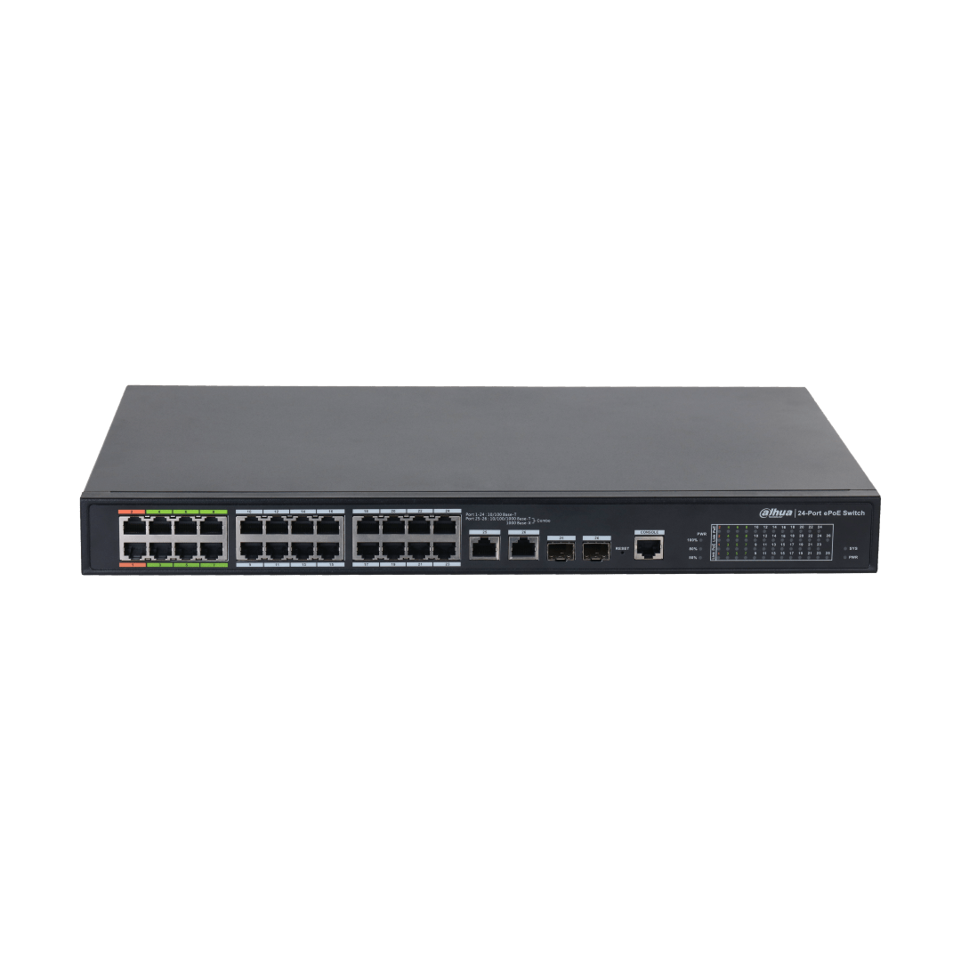 Zwarte Dahua 24-poorts managed ePoE switch voor rack-montage met 360W budget en status-LED's aan de voorzijde.