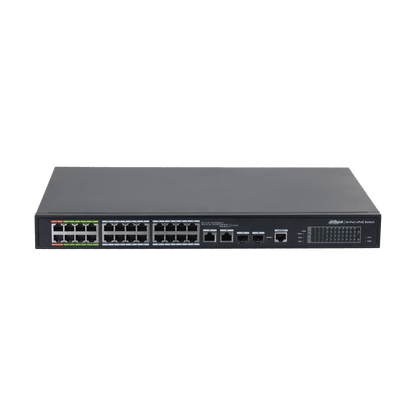 Zwarte Dahua 24-poorts managed ePoE switch voor rack-montage met 360W budget en status-LED's aan de voorzijde.