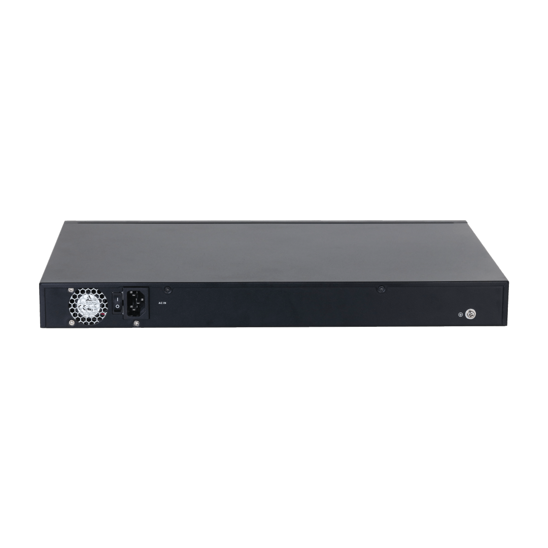 Zwarte Dahua 24-poorts ePoE switch achterkant met stroomaansluiting, aan-uit schakelaar en ventilator.
