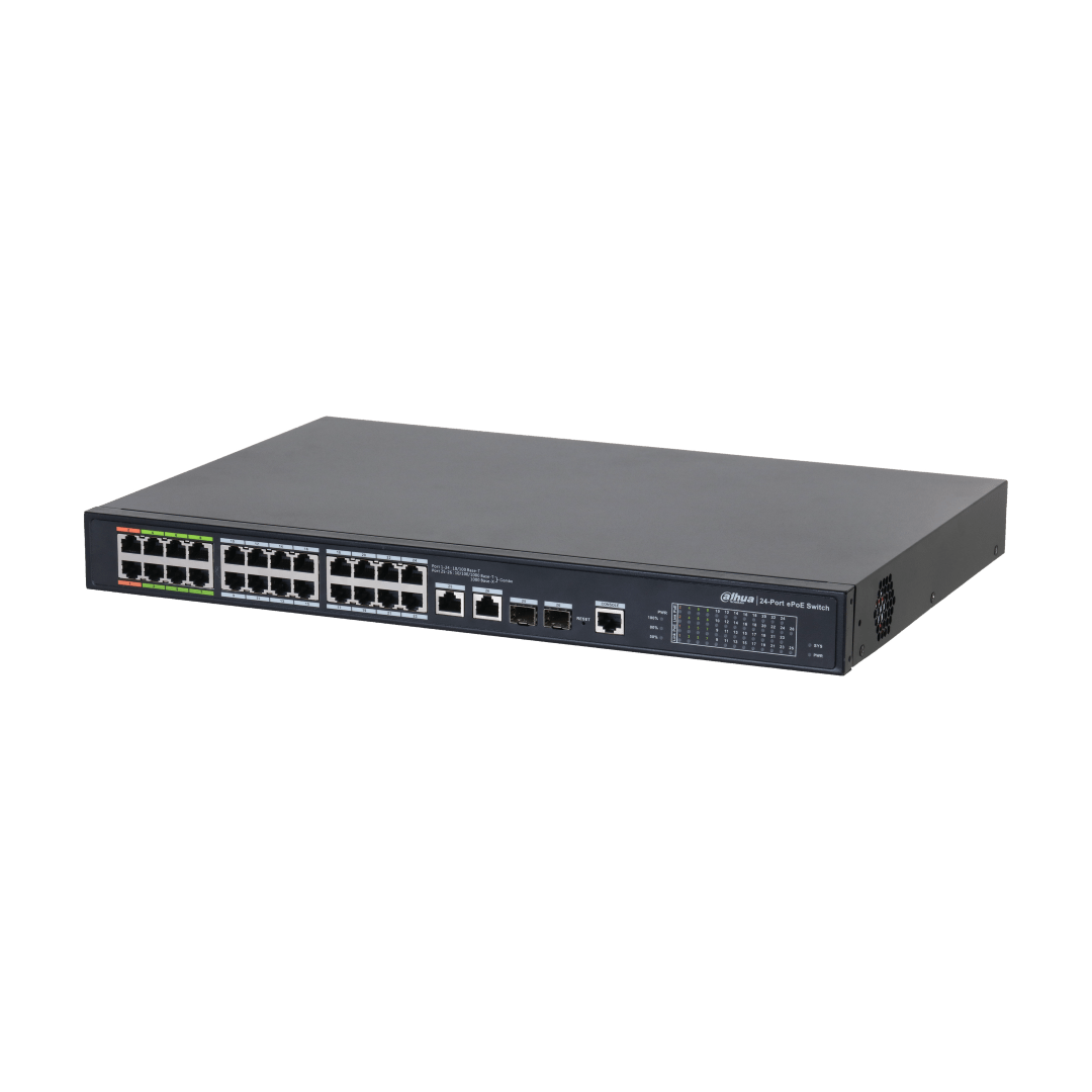 Zwarte Dahua 24-poorts managed ePoE rack-mount switch met 360W budget en statusindicatoren op het voorpaneel.