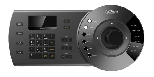 Dahua NKB1000 PTZ-toetsenbord in grijs met 3D-joystick, numeriek toetsenblok, LCD-scherm en functieknoppen voor camerabediening.