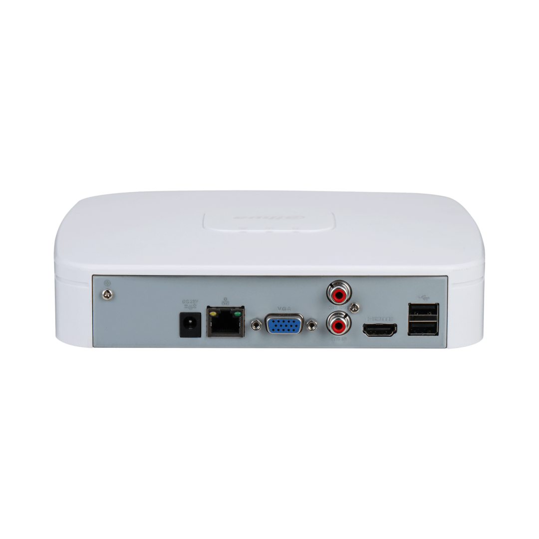 Achterkant van de witte Dahua NVR4104-EI netwerkrecorder met HDMI, VGA, USB en netwerkaansluitingen.