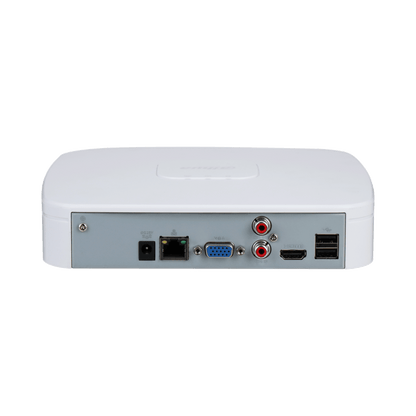 Achterkant van de witte Dahua NVR4104-EI netwerkrecorder met HDMI, VGA, USB en netwerkaansluitingen.