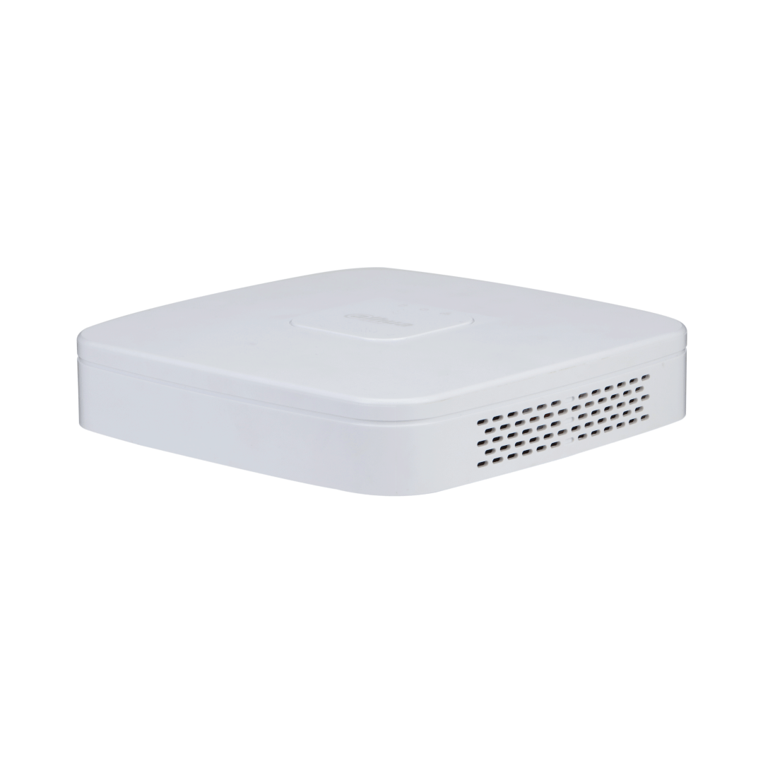 Compacte witte Dahua NVR4104-EI 4-kanaals netwerk videorecorder met ventilatieopeningen aan de zijkant.