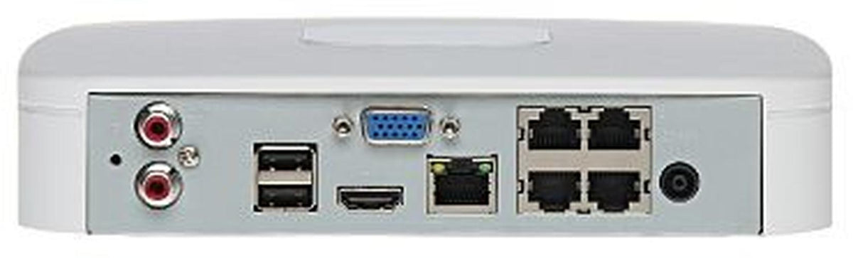 Achterkant van de witte Dahua NVR4104-P-4KS3 met vier PoE-poorten, HDMI, VGA, USB en audio-aansluitingen.