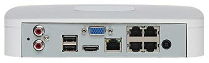 Achterkant van de witte Dahua NVR4104-P-4KS3 met vier PoE-poorten, HDMI, VGA, USB en audio-aansluitingen.