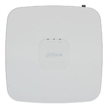 Compacte witte Dahua 4-kanaals NVR met 4 PoE poorten en statuslampjes aan de bovenzijde.