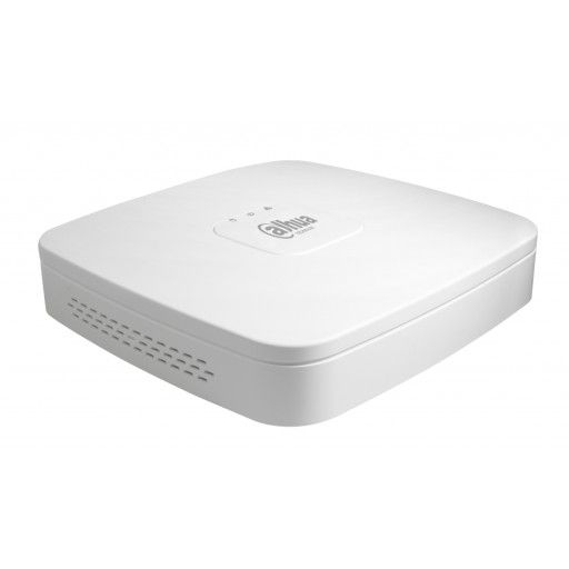 Compacte witte Dahua NVR4104-P-4KS3 netwerk videorecorder met 4 PoE poorten en strak, vierkant design.