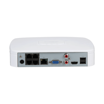 Witte Dahua NVR4104-P-EI netwerkrecorder met 4 PoE-poorten, VGA, HDMI en audio-aansluitingen aan de achterzijde.