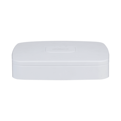 Compacte witte Dahua NVR4104-P-EI 4-kanaals netwerk videorecorder met strak design en WizSense AI-technologie.