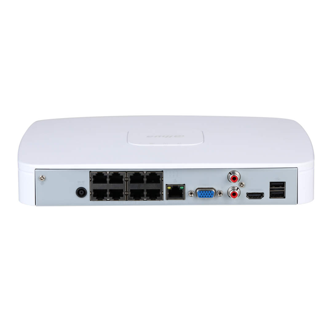 Witte Dahua 8-kanaals NVR met 8 PoE-poorten, VGA, HDMI en USB-aansluitingen op het achterpaneel.