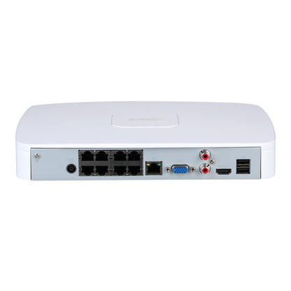 Witte Dahua 8-kanaals NVR met 8 PoE-poorten, VGA, HDMI en USB-aansluitingen op het achterpaneel.