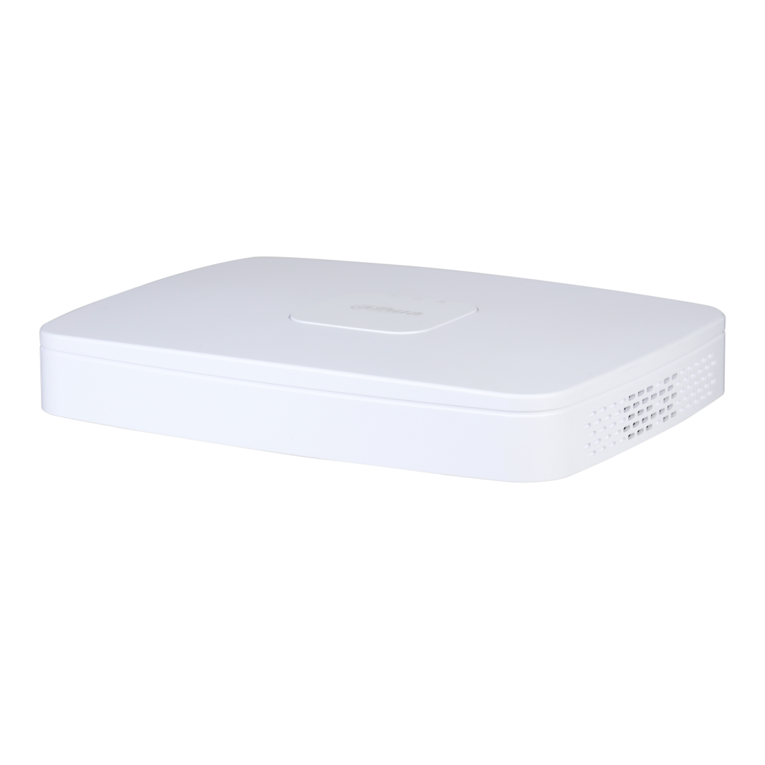 Compacte witte Dahua NVR4108-8P-4KS3 netwerk videorecorder met strak design en ventilatieopeningen aan de zijkant.