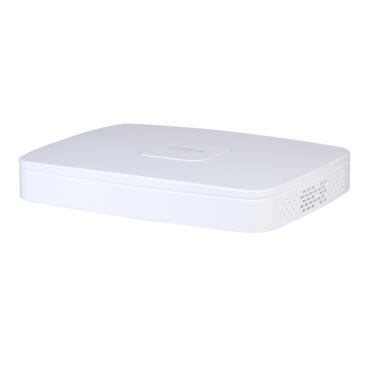 Compacte witte Dahua NVR4108-8P-4KS3 netwerk videorecorder met strak design en ventilatieopeningen aan de zijkant.