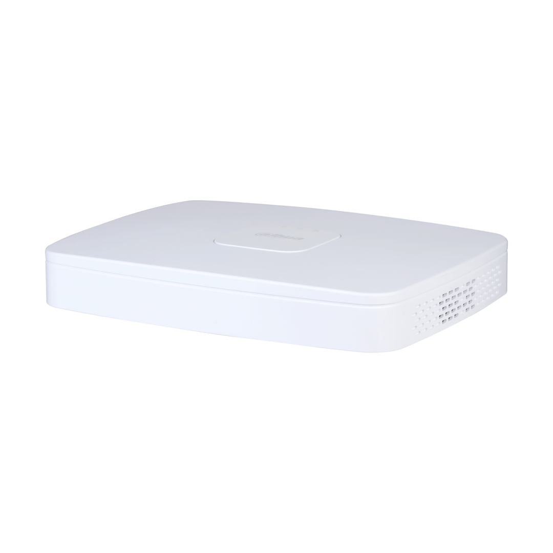 Compacte witte Dahua NVR4108-8P-EI netwerk videorecorder met strak design en ventilatieopeningen aan de zijkant.