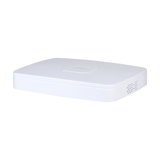 Compacte witte Dahua NVR4108-8P-EI netwerk videorecorder met strak design en ventilatieopeningen aan de zijkant.