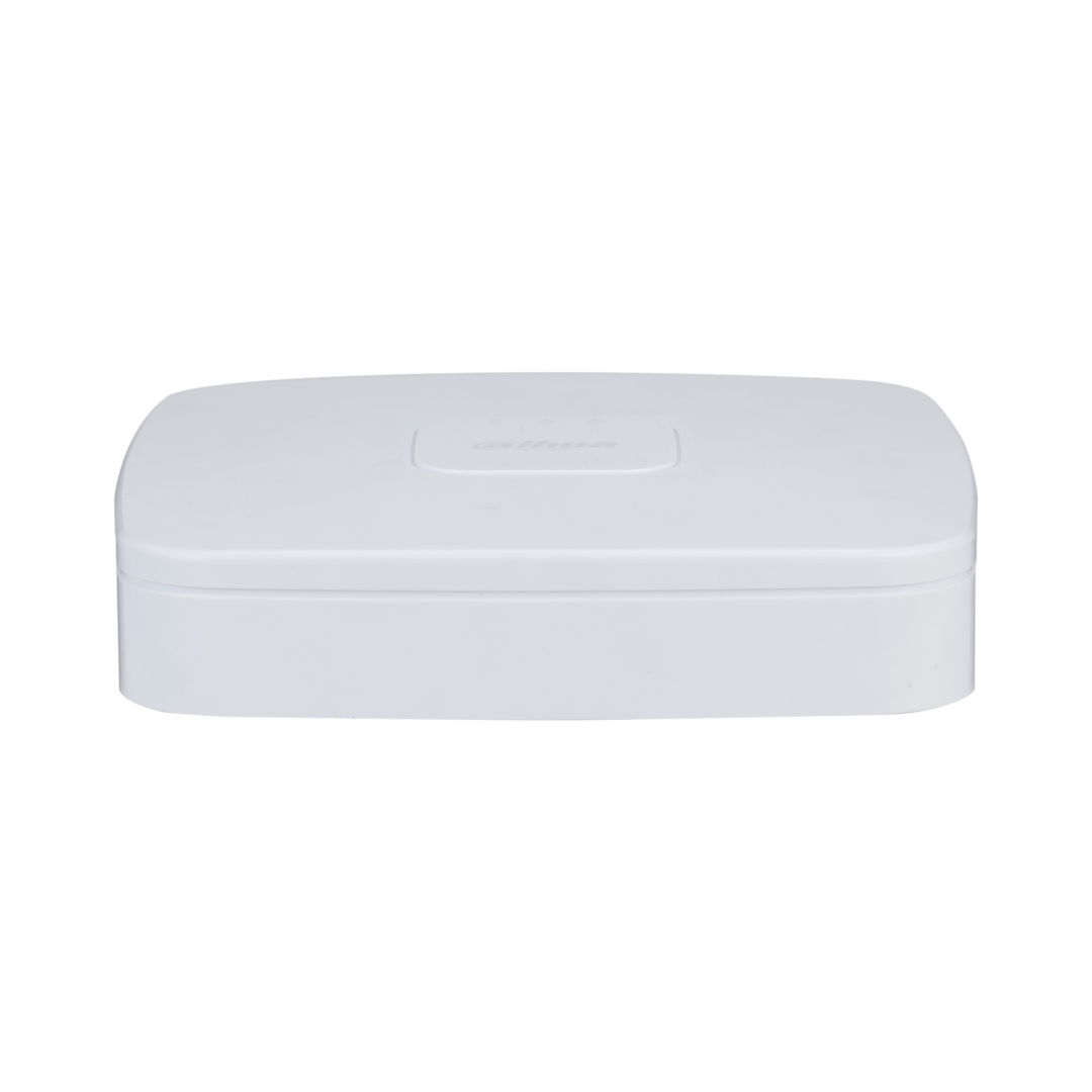 Compacte witte Dahua NVR4108-EI 8-kanaals netwerkvideorecorder met strak design en WizSense AI-technologie.