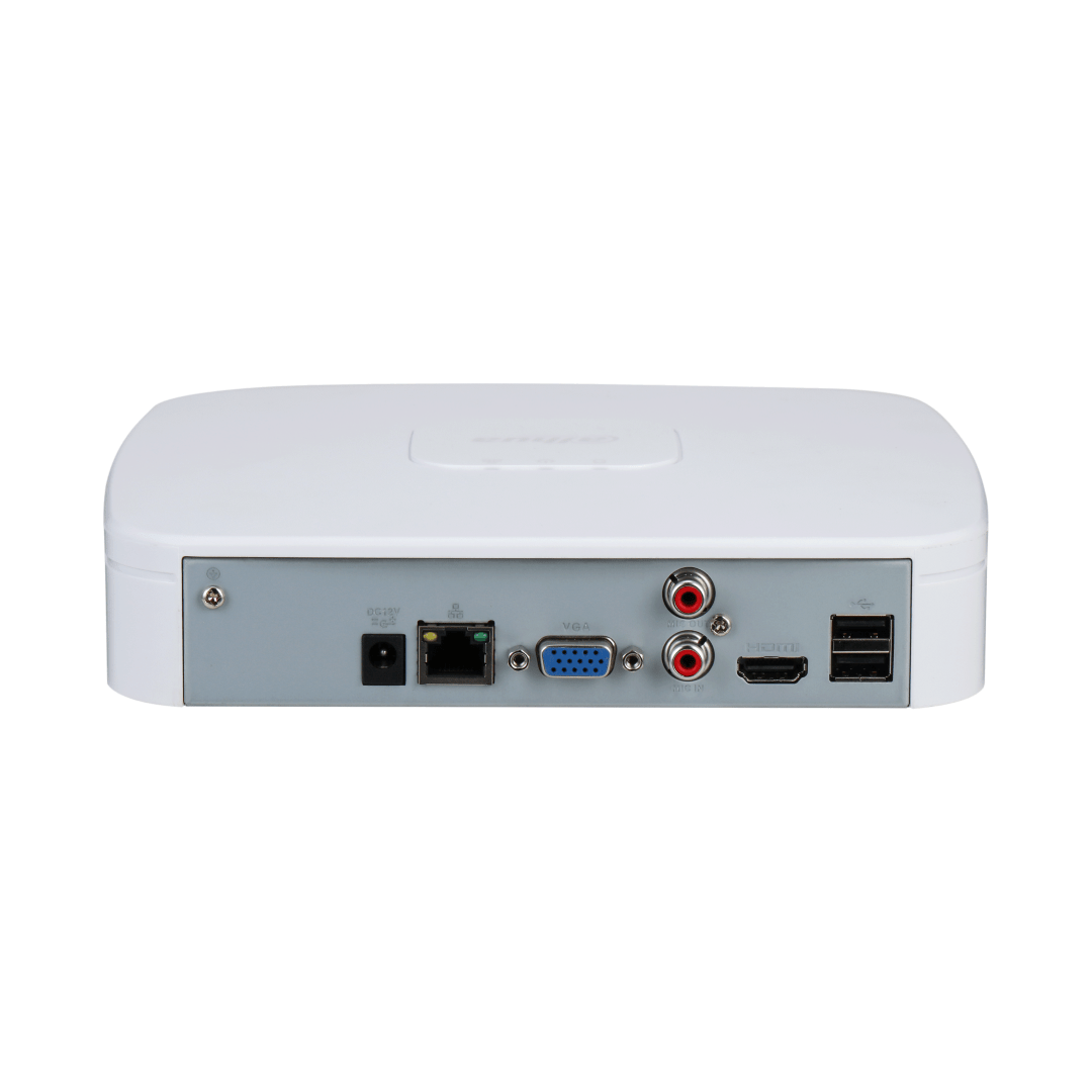 Achterzijde van de witte Dahua NVR4108-EI met HDMI, VGA, netwerkpoort en audio-aansluitingen.